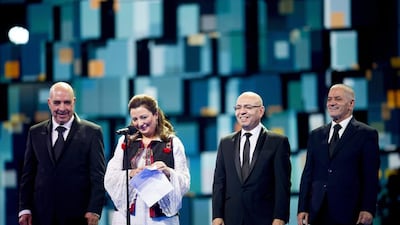 Nobel Peace Prize laureates of the Tunisian National Dialogue Quartet are honoured on the stage during the annual Nobel Peace Prize concert in Telenor Arena outside Oslo. Jon Olav Nesvold / EPA J
