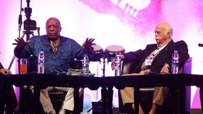 Jones on stage with American recording engineer Bruce Swedien during the Quincy Jones Michael Jackson Dream Team Seminar at Dubai World Trade Centre in September 2013. Pawan Singh / The National