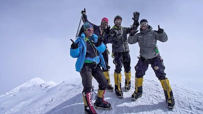 Suzanne Al Houby wins the title of first Arab woman to finally finish the seven summits quest after three deadly attempts to reach the summit of Denali - her last for the seven summits quest. Photographed at the summit of Denali, a mountain in Alaska. Courtesy Damian Benegas