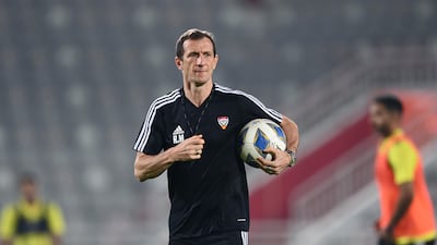 UAE manager Rodolfo Arruabarrena takes training at the Abdullah bin Khalifa Stadium in Doha ahead of the national team's 2022 World Cup play-off against Australia on Tuesday. Photo: UAE FA