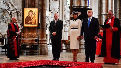 US president Donald Trump and his wife Melania, alongside Prince Andrew at the Tomb of the Unknown Warrior in Westminster Abbey in 2019.
