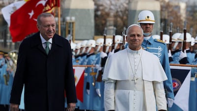 Pope Leo XIV and the Turkish President Tayyip Erdogan at the presidential palace in Ankara, Turkey. Reuters