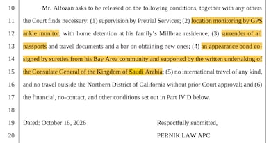 The lawyer for former OpenAI worker Abdulrahman Alfozan has proposed that his client be released as long as he wears an ankle monitor and surrenders his passport. Photo: Pacer