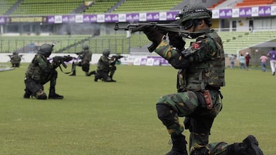 Bangladeshi security forces participate in a security drill for the upcoming cricket series between Bangladesh and England in Dhaka on Thursday. AM Ahad / AP Photo / October 6, 2016