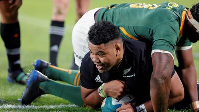 New Zealand hooker Samson Taukei'aho scores his side's second try against South Africa. AFP