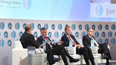 Panelists discuss the indluence Donald Trump may have on policies including the Iranian nuclear agreement. Left to right: Steve Clemons, Washington editor-at-large of The Atlantic magazine; Jon Huntsman, former Utah governor; James Jones, former US national security advisor; and Andrew Parasiliti, director of the Centre for Global Risk and Security at the Rand Corporation. Photo courtesy Aletihad