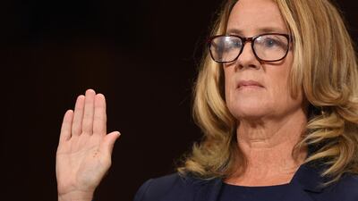 Christine Blasey Ford is sworn in before telling senators she was sexually assaulted by Brett Kavanaugh 36 years ago. EPA