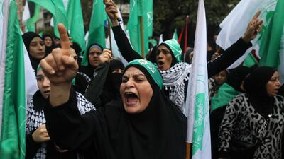 Supporters of Hamas and other Palestinian and Lebanese political factions gather for the funeral in Beirut. Getty Images