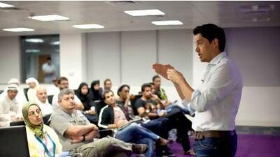 Fadi S Wahbeh speaking at a workshop at twofour54 on how to make a Tropfest film. Christopher Pike / The National