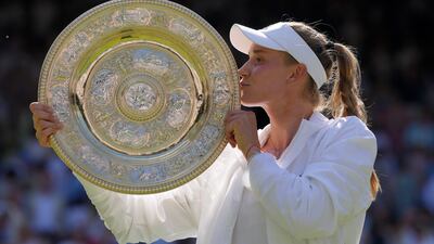 Elena Rybakina after beating Ons Jabeur in the Wimbledon final at the All England Club on Saturday, July 9, 2022. AP