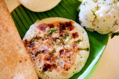 Masala uttapam, made with spiced potato masala, onions, tomatoes and spices. Courtesy Getty