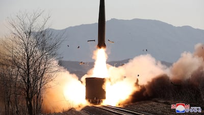 A missile is launched from rail lines during North Korean firing drills earlier in January. Reuters