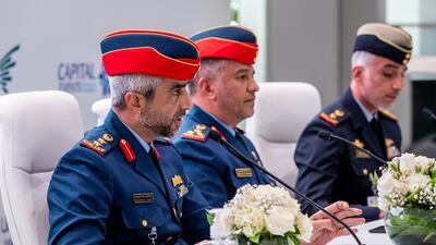 Col Staff Pilot Abdulnasir Al Hameedi from the Military of Defence announces defence deals at Umex in Abu Dhabi. Victor Besa / The National