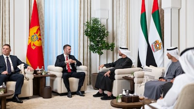 President Sheikh Mohamed meets Milojko Spajic, Prime Minister of Montenegro, at Al Shati Palace. Seen with Sheikh Hamdan bin Mohamed, Deputy Chairman of the Presidential Court for Special Affairs, and Admir Sahmanovic, Minister of Energy and Mining of Montenegro