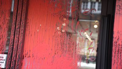 "Free Palestine" is written on the door of Labour headquarters in London. PA