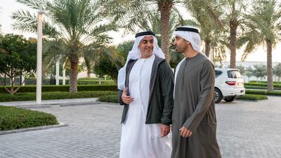 Sheikh Saif bin Zayed, Deputy Prime Minister and Minister of Interior with Sheikh Hamdan bin Mohamed at Al Shati Palace.