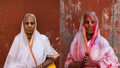 Meena Sarkar, 70, poses for photographs before and after celebrating Holi in Vrindavan.
