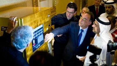 Thomas Geissler, the chief executive of Ex Oriente Lux, tries out the machine yesterday.