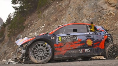 The car of Estonian driver Ott Tanak and co-driver Martin Jarveoja after their crash on Day 2 of the Monte Carlo Rally on Friday, January 24. AFP