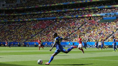 Ecuador forward Enner Valencia kicks the ball during his side's Group E match on Sunday against Switzerland at the 2014 World Cup. Adrian Dennis / AFP
