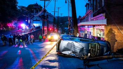 Damage on Main Street after a flash flood rushed through the historic town of Ellicott City, Maryland, USA, 27 May 2018. The National Weather Service stated as much as 9.5 inches of rain fell in the area. Jim Lo Scalzo / EPA