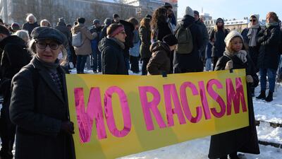People carry a banner during a demonstration against the AfD and right-wing extremism in Kassel, Germany, Saturday, Jan. 20, 2024. ( Swen Pförtner / dpa via AP)