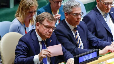 German Foreign Minister Johann Wadephul casts his vote during the election of the non-permanent members of the UN Security Council at the UN headquarters in New York on Wednesday. AFP