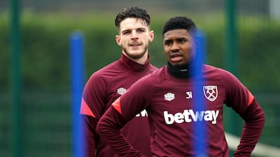 West Ham's Declan Rice, left, and Ben Johnson during training. PA