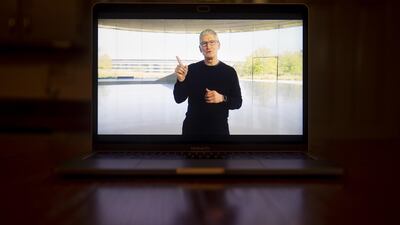 Tim Cook, chief executive officer of Apple Inc., speaks during a virtual product launch seen on a laptop computer in Tiskilwa, Illinois, U.S. Bloomberg