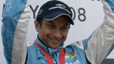 Narain Karthikeyan celebrates winning the second race of the A1GP season at Brands Hatch.