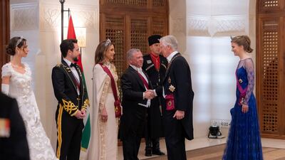 For the reception, Queen Rania wore an embellished gown by Elie Saab. Reuters
