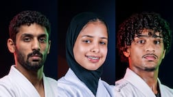 Khaled Al Shehhi, left, Balqees Al Hashmi, centre, and Ahmed Andeez won gold medals at the Asian Games. Photo: UAEOC