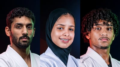 Khaled Al Shehhi, left, Balqees Al Hashmi, centre, and Ahmed Andeez won gold medals at the Asian Games. Photo: UAEOC