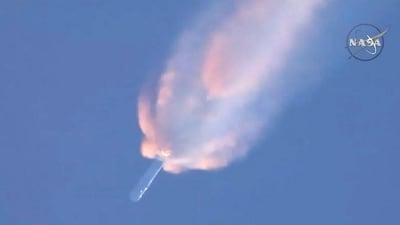 The SpaceX Falcon 9 rocket with the unmanned Dragon cargo capsule on board appearing to explode shortly after launching from Cape Canaveral, Florida. Courtesy : NASA TV