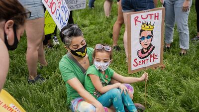 Maryam and daughter Riley Brotine at a protest after the US Supreme Court overturned Roe v Wade. Chicago Sun-Times / AP
