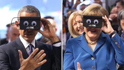 A combo picture shows US President Barack Obama and German Chancellor Angela Merkel testing a Virtual Reality goggle as they visit the booth of IFM electronic, at the Hannover Messe industrial technology trade fair in Hanover, Germany. The USA is this year’s partner country at the trade fair. The US President is on a two-day visit to Germany. Christian Charisius / EPA