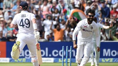 India's Ravindra Jadeja runs out England batter Alex Lees for 56. AP