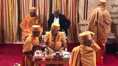 The shilanyas vidhi of the first traditional Hindu temple in the UAE is performed in the holy presence of His Holiness Mahant Swami Maharaj, the spiritual leader of BAPS Swaminarayan Sanstha.