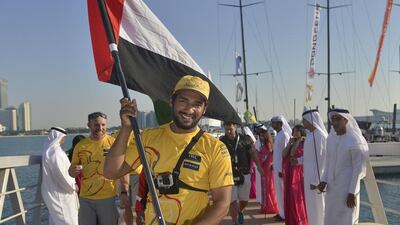 “This flag will fly high all over the world,” says Adil Khalid as he finds his land legs at home after 23 days at sea at the end of Leg 2 of the Volvo Ocean Race on Saturday. Photo Courtesy / Volvo Ocean Race