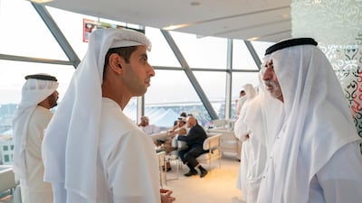 Sheikh Khaled bin Zayed, chairman of the Board of Zayed Higher Organization for Humanitarian Care and Special Needs (ZHO) and Sheikh Nahyan bin Mubarak, Minister of Tolerance, attend the final race of the Formula One season in Abu Dhabi.