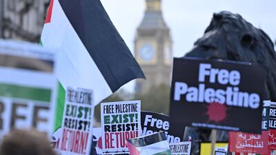 Demonstrators held sit-down protests in central London before gathering in Trafalgar Square on Saturday. AFP