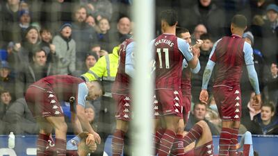 Lucas Digne of Aston Villa was hit by an object thrown from the crowd at Goodison Park. Getty