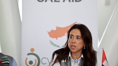 Lana Nusseibeh speaks to the media at Limassol port, Cyprus, where aid for Gaza is being gathered. Photo: Reuters
