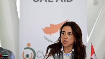 UAE's Minister of State Lana Nusseibeh speaks to the media at Limassol port, Cyprus, where aid is accumulating for the people of Gaza, November 7, 2025. REUTERS / Yiannis Kourtoglou