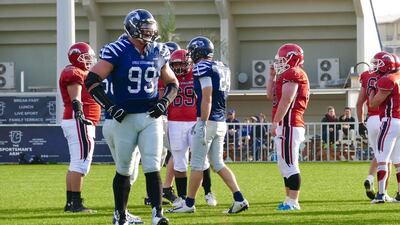 Dubai Barracudas defensive end Stefan Kirsten reacts during his team's win over Dubai Stallions. Photo Courtesy / Gracy Herrera