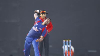 Umar Akmal of Grand Midwest bowls on Thursday in the semi-finals of the Bukhatir Cricket League in Sharjah. Jeffrey E Biteng / The National / June 26, 2014