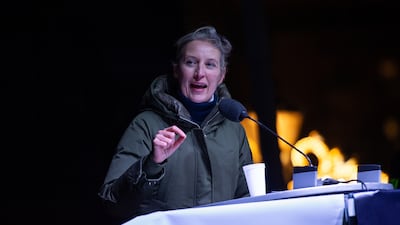 AfD co-leader Alice Weidel addresses the crowd at the party's memorial event in Magdeburg on Monday. Getty Images
