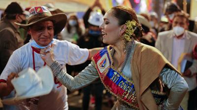 Supporters of Leftist school teacher Pedro Castillo celebrate in dowtown Lima following the official proclamation of him as Peru’s president-elect.
