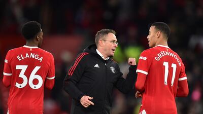 Manchester United manager Ralf Rangnick talks to Mason Greenwood after the Premier League win over Crystal Palace. EPA