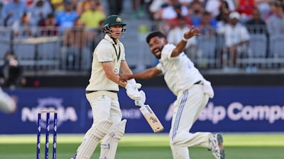 India's Mohammed Siraj appeals successfully for the wicket of Australia's Marnus Labuschagne after his 52-ball innings of two. AP